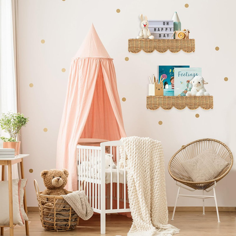 Nursery Floating Book Shelves Set Of 2 – 15.8" Handwoven Natural Rattan Scalloped Wall Shelves For Kids Rooms, Baby Boho Décor