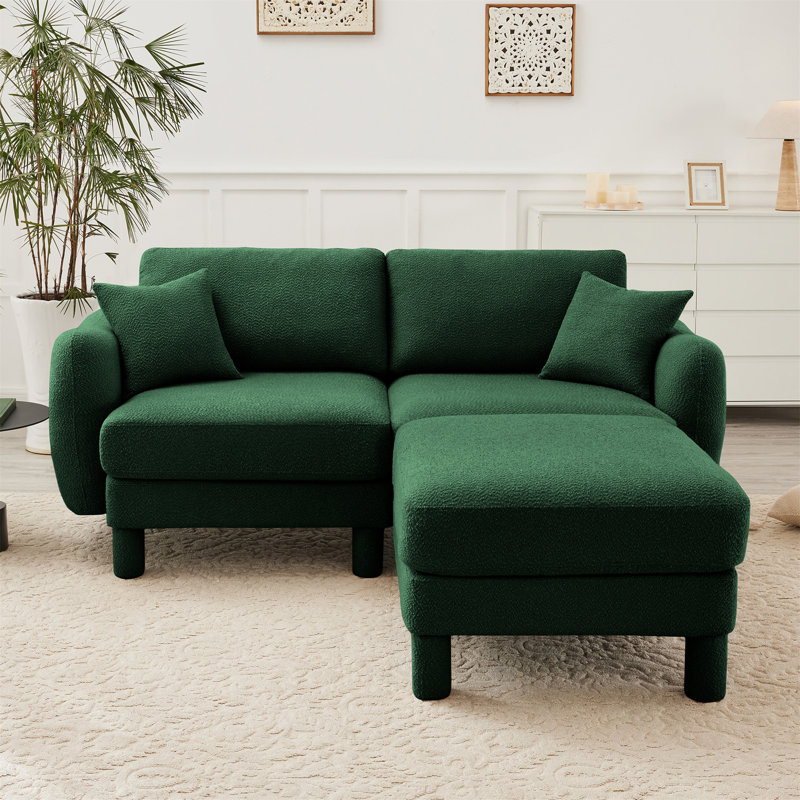 Canapé modulaire pour causeuse 2 places en tissu Boucle avec accoudoirs distinctifs en forme de coquillage et repose-pieds amovible, pieds cylindriques enveloppés de tissu uni