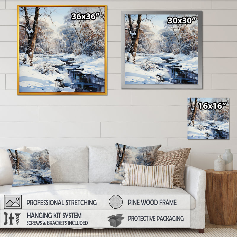 Snow River Winter Scenery, reproduction d'art sur toile, Cadre simple blanc, H 36 po x l 36 po x P 1,5 po