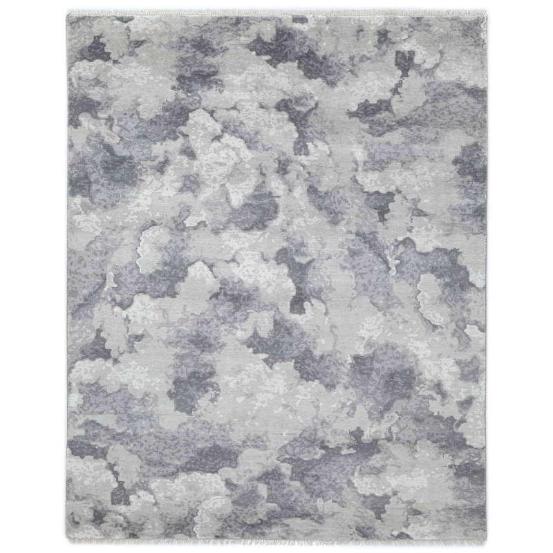 Tapis abstrait gris noué à la main Cloud, Rectangle 7 pi 6 po x 9 pi 6 po