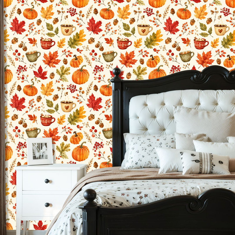 Papier peint auto-adhésif à peler et coller, citrouilles d'automne, feuilles, glands, boissons chaudes, auto-adhésif et amovible