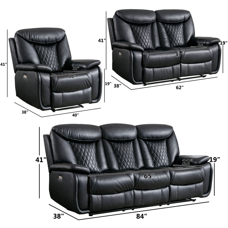 Alycea 3 - Piece Breathable Leather Cushion Back Power Reclining Living Room Set With Diamond Stitching