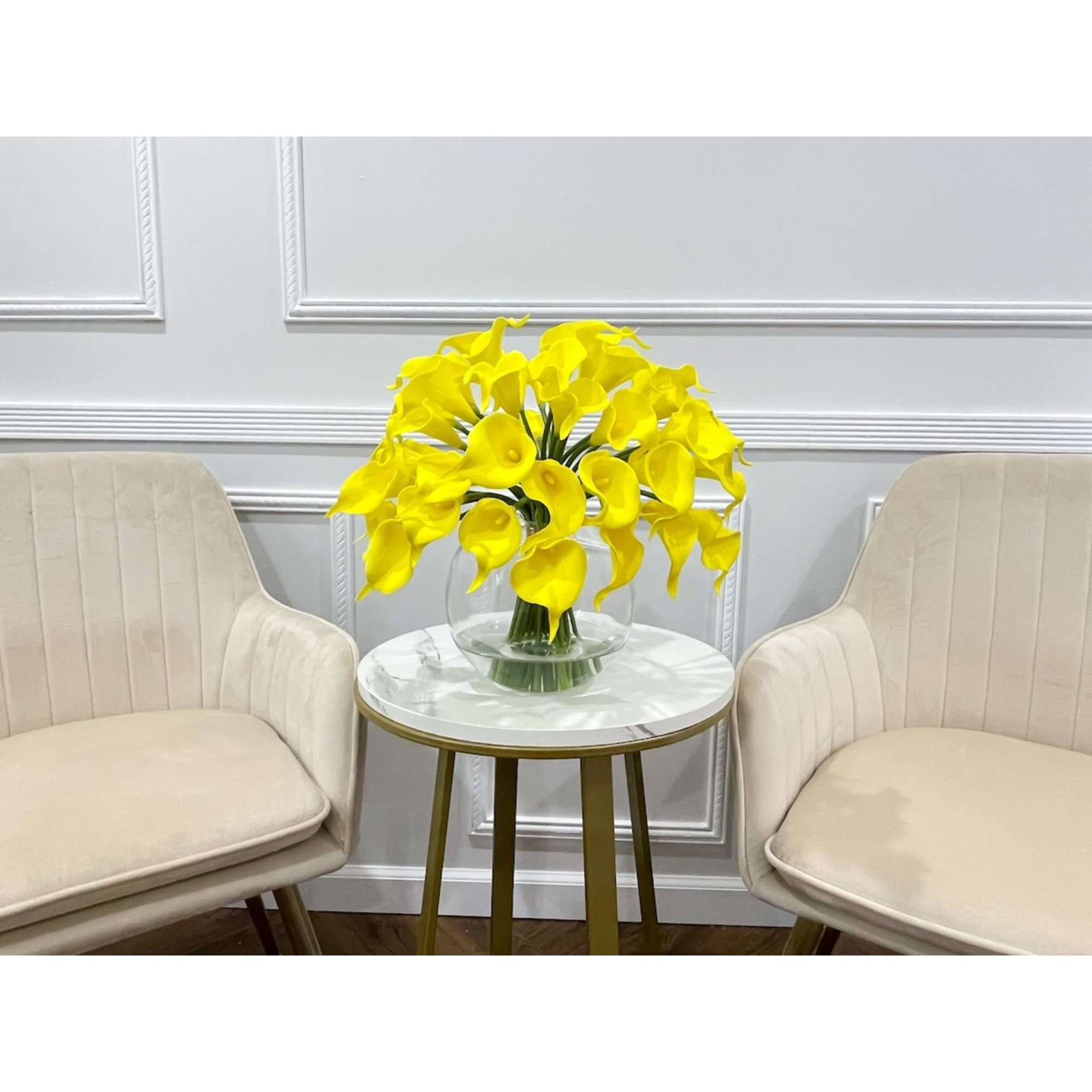 Real Touch Calla Lilies Arrangement Faux Flowers In Glass Vase, Yellow