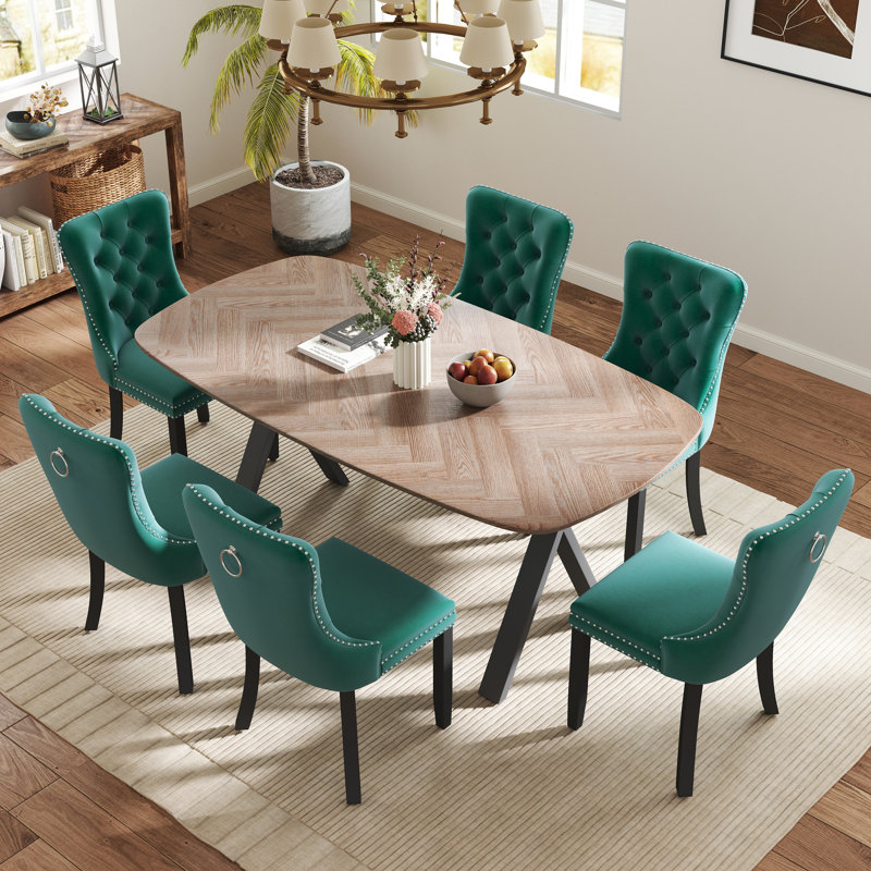 Rectangle Dining Set with Tufted Dining Chair, 29.5"H x 71"L x 35.4"W, Green