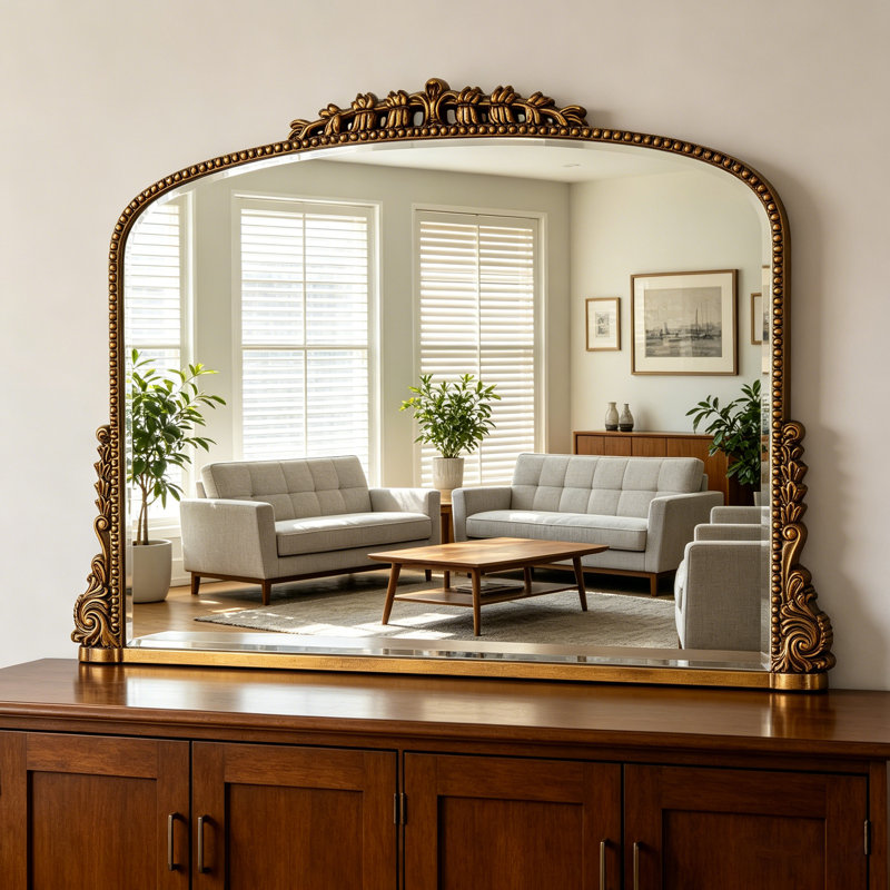 Hand-Painted Ornate Gold Arched Wall Mirror, Antique Gold, 26'' x 35.4''