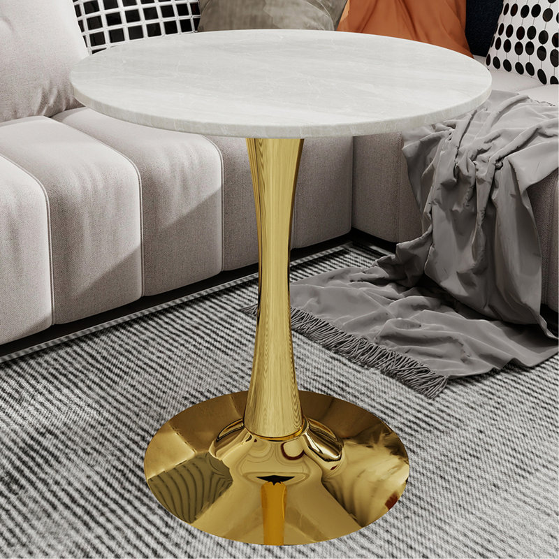 Marble-Top Round Side Table With Tapered Pedestal Base, Ideal For Living Room, Modern Minimalist Design, Light Gray, Gold