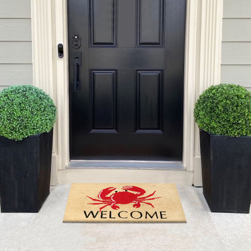 Tapis de porte en coco naturel avec envers en PVC, «Red Crab Welcome», 18 po x 30 po, intérieur / extérieur robuste