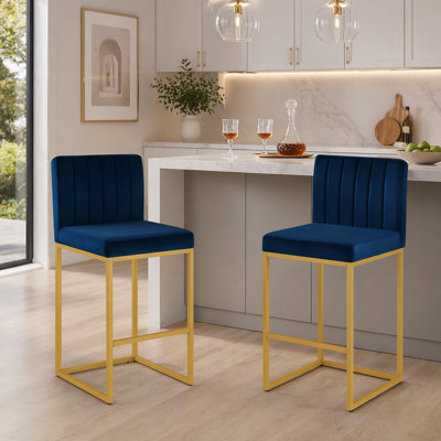 Modern Fashion Counter Height Stool with Full Backrest and Sturdy Iron Legs, Set of 2 Versatile Bar Chairs, Navy/Gold