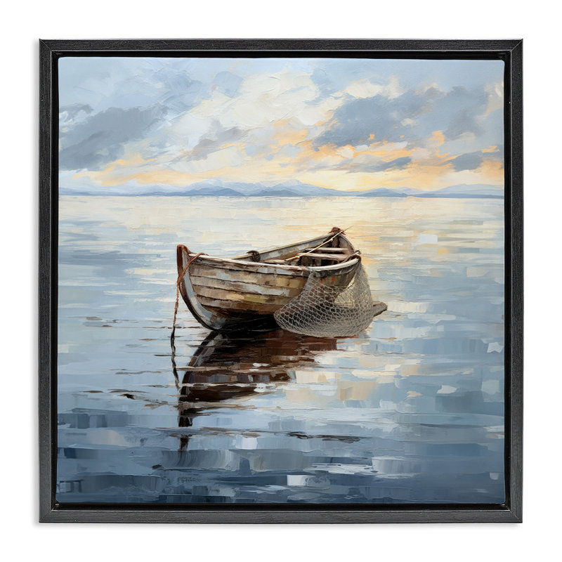 Peinture d'un bateau de pêche, H 18 po x l 18 po, Cadre flottant noir de jais