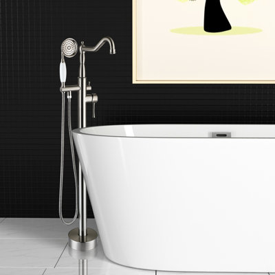 Robinet de baignoire moderne avec douchette - Métal, 5,9 kg, finition nickel brossé anticorrosion, hauteur 17 cm, jet plein