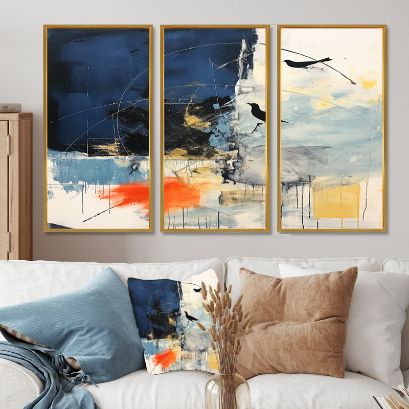 Deux oiseaux dans des tons de bleu - ensemble d'art mural abstrait paysage, Cadre flottant doré, H 40 po x l 60 po x P 1 po