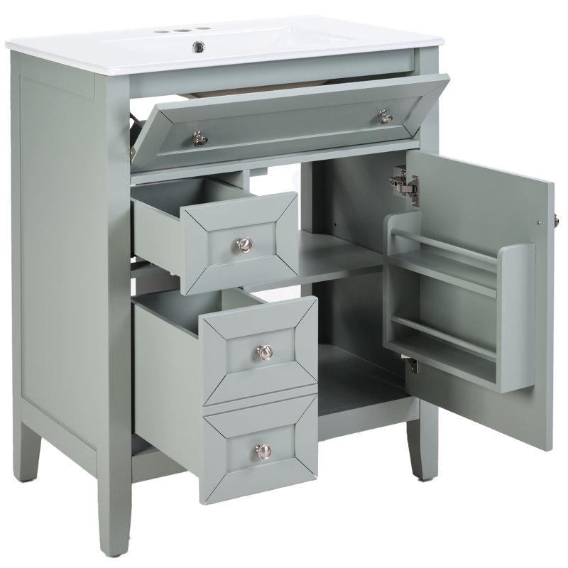 Meuble-lavabo gris en bois massif pour salle de bain avec lavabo encastré en céramique, bac rabattable, tiroir simple, tablette réglable, fonctionnement en douceur, rangement triple pour glissières silencieuses, charge de 70 kg, assemblage facile