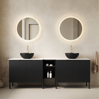 Ensemble de meuble-lavabo double autoportant 72 po avec lavabo TURIO, 2 armoires de rangement rayées 30 po + 2 tablettes ouvertes amovibles, 2 vasques noires en pierre avec comptoir blanc Carrara, noir