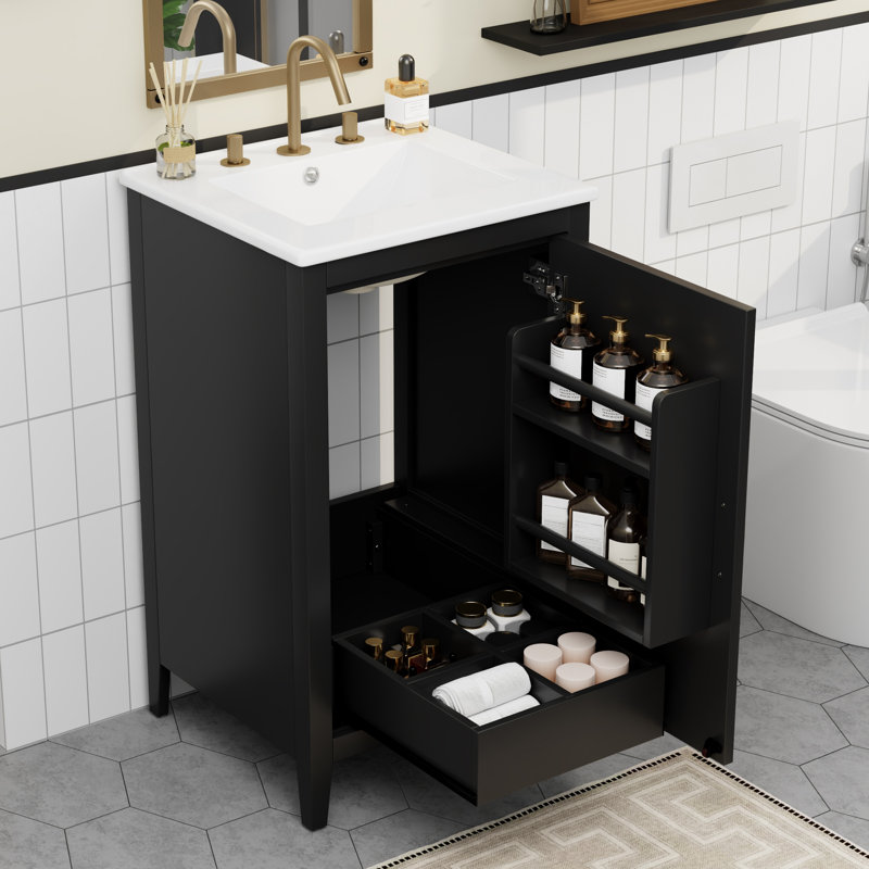 20.3" Single Bathroom Vanity Set With Ceramic Top, Black