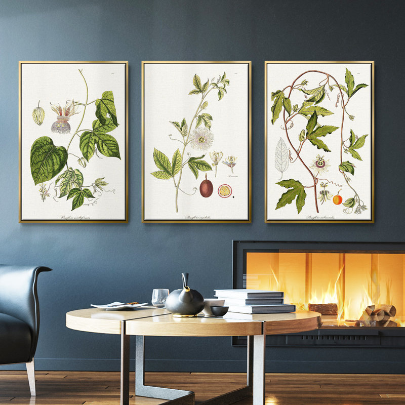 «Passion Flower Trio I», ensemble de 3 toiles encadrées, Or, H 27 po x l 54 po