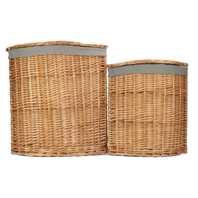 Wicker 2 Piece Corner Laundry Basket Set With Lining, Light Steamed/Grey