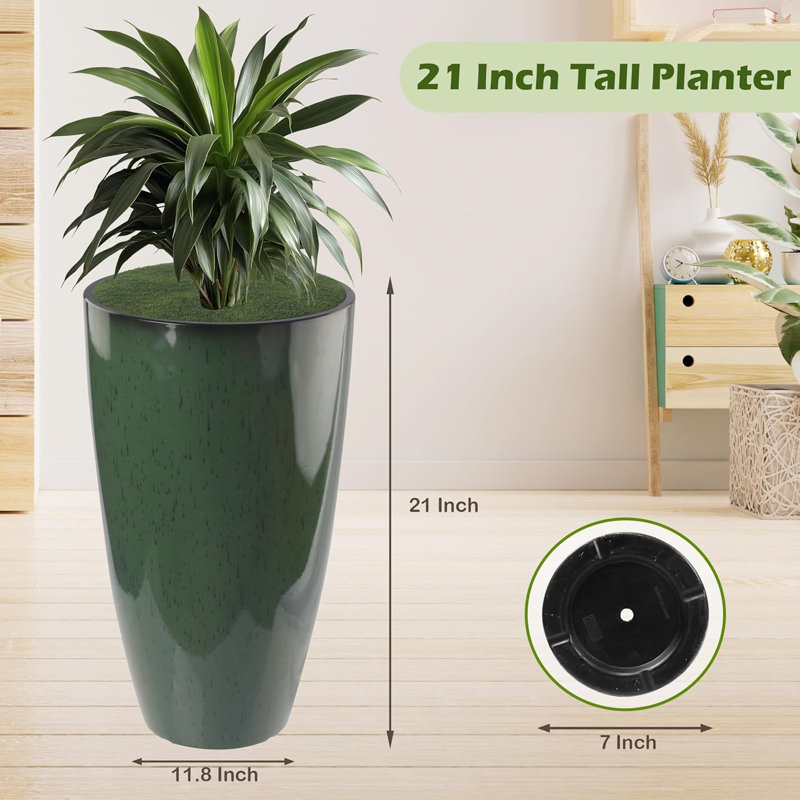 Ensemble de 2 pots de fleurs ronds de 21 po de haut avec trous de drainage Jarrow - intérieur / extérieur pour porche et jardin (vert)