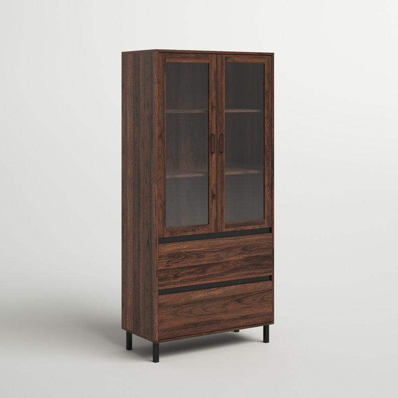 Jimi Glass Door China Cabinet with Lower Drawer Storage, Dark Walnut