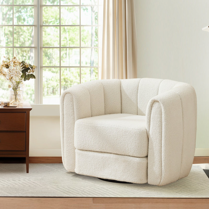 Fauteuil d'appoint pivotant de 37 po de largeur, fauteuil demi-tonneau pivotant Boucle, blanc, Ourson blanc