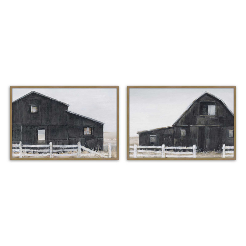 Weathered Barns, ensemble de 2 impressions dans un cadre, Cadre doré brossé, H 9,5 po x l 21,5 po x P 1,25 po