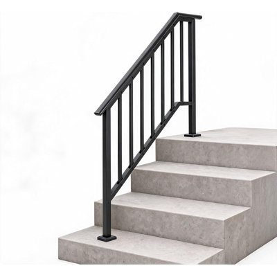 Adjustable Wrought Iron Stair Handrail with Balusters – Durable Steel Railing Kit for 3 to 4 Outdoor Steps – Easy DIY Installation – for Porch, Deck, Concrete, or Wood Stairs