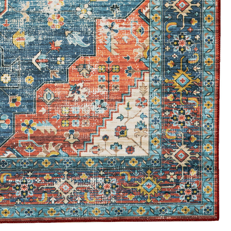 Ducote Washable Teal and Rust Machine Woven Area Rug, Runner 2' x 8'