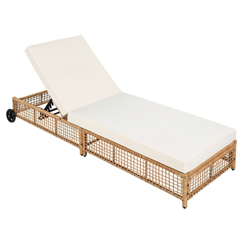 Chaise longue de patio avec dossier à 5 positions, coussin et roulettes, Naturel, 1