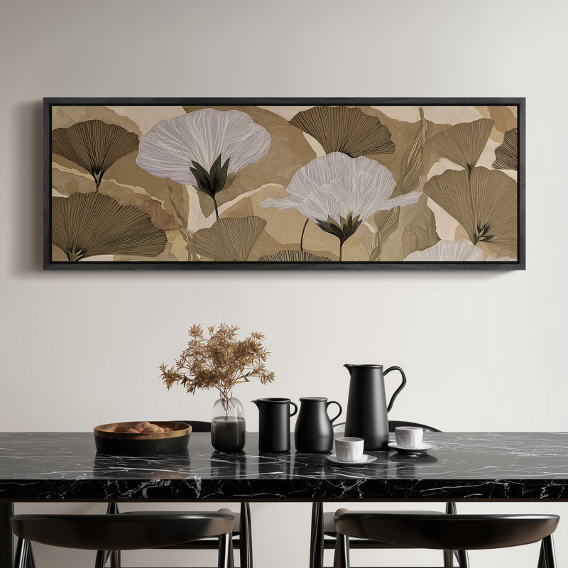"Neutre", motif floral botanique avec feuilles de ginkgo, impression encadrée, H 20 po x l 60 po, Noir