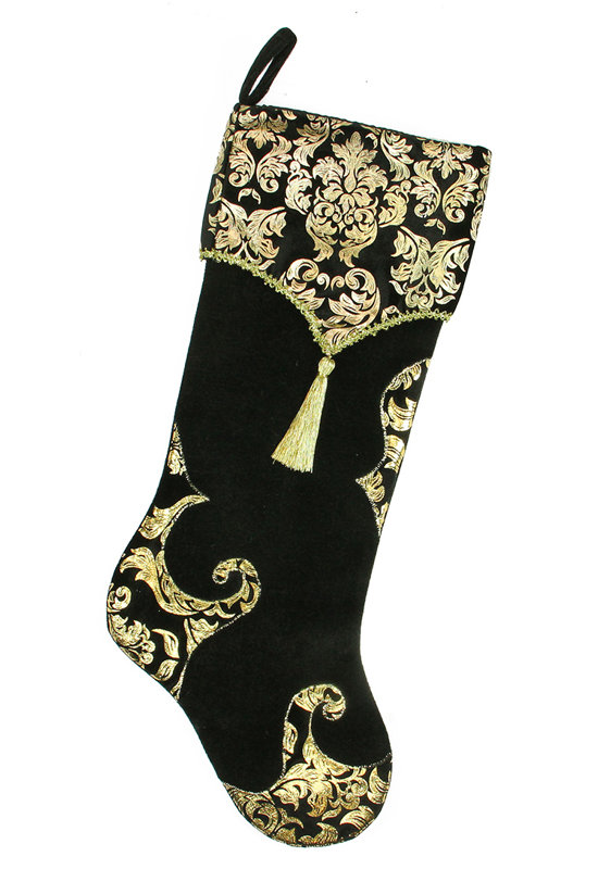 Chaussette de Noël 21,5 po en velours de damas noir et doré avec pampille