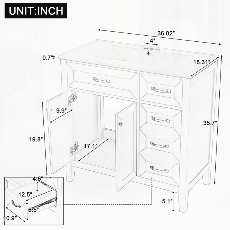 Meuble-lavabo avec tiroirs 36 po, 36 po avec lavabo, Gris