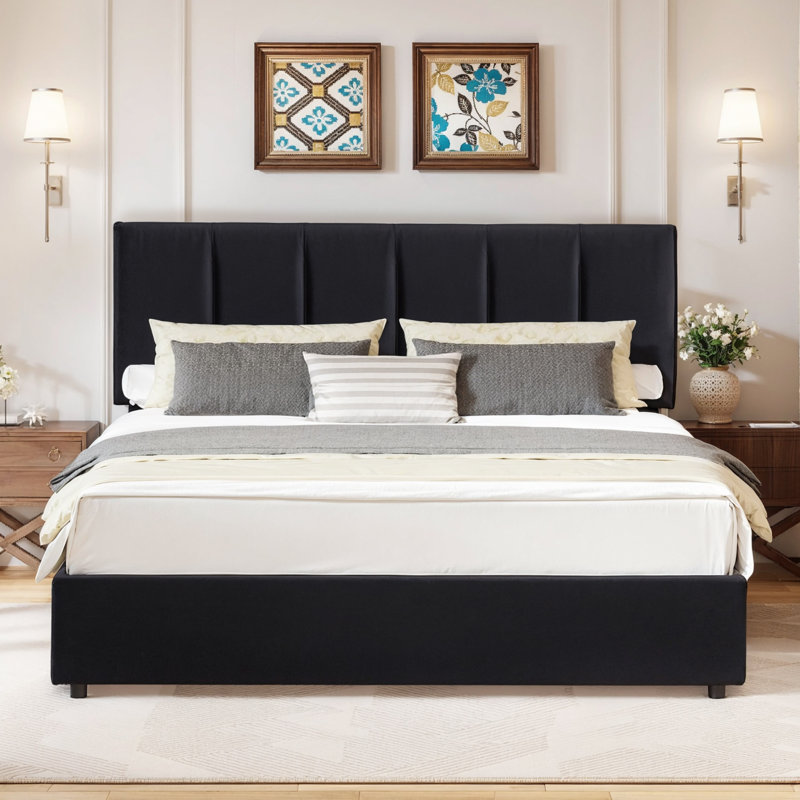 Orwhin Bed Frame 4 Drawers Storage, Upholstered Bed Frame with Velvet Adjustable Headboard Queen Full King Size Platform Bed Wood Support