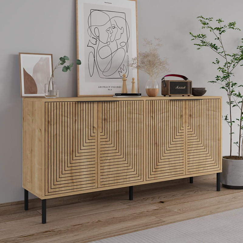 Console moderne avec plusieurs tablettes, chêne saphir, 59,1 po x 29,5 po x 14,2 po | 100% panneau de particules enduit de mélamine, épaisseur: 0,7 pouce | Pieds en métal robustes, fixation murale, design scandinave pour une décoration intérieure élégante