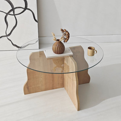 Modern Coffee Table, Sapphire Oak & Tempered Glass, 29.5 x 15.7 x 29.5 inches | 100% Melamine Coated Particle Board, Thickness: 0.7 inches | Stylish, Durable Design for Living Room & Contemporary Spaces, Easy Assembly