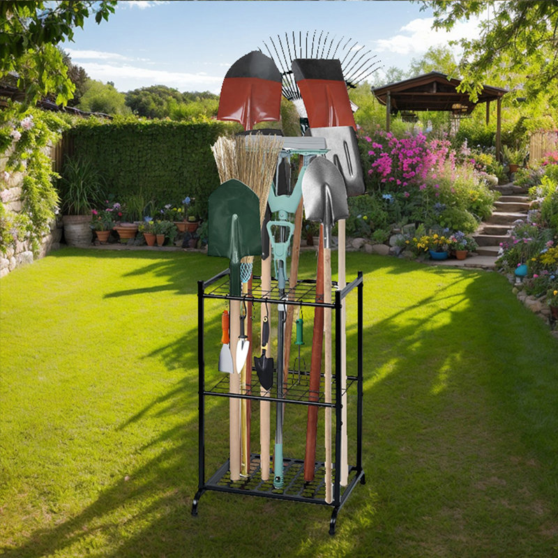 Heavy-Duty Garage Tool Storage Rack. Freestanding Storage Rack with Tool Holder. Ideal for Workshops and Backyards. Yard tool organizer, Shovels, Rakes, and Hoes. Black Coated Finish, outdoor tool storage.Yard maintenance must haves.