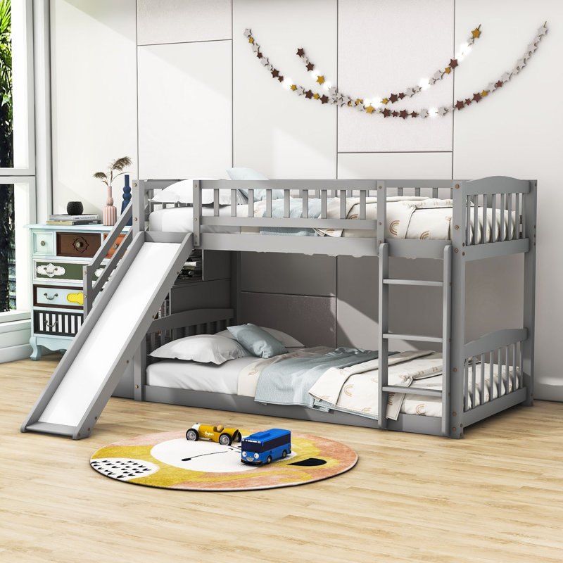Twin Over Twin Wood Bunk Bed with Slide and Storage Staircase, Gray