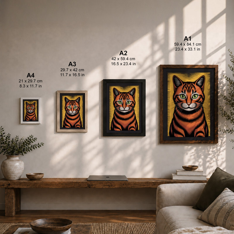 Watchful Tabby Graphic Art - Framed Print, Black, A3 - 42.0 x 29.7 cm