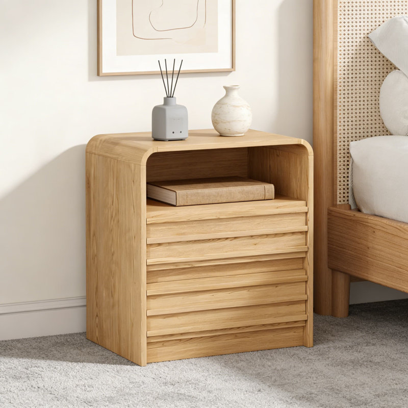 Modern Nightstand With Charging Station And LED Lights, Mid-Century Fluted Design With 2 Drawers And Open Shelf, Bedside Table With Power Outlets And USB Ports