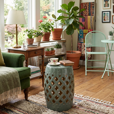 Ceramic/Porcelain Garden Stool, 13" x 18"  Decorative Outdoor Stool, Green