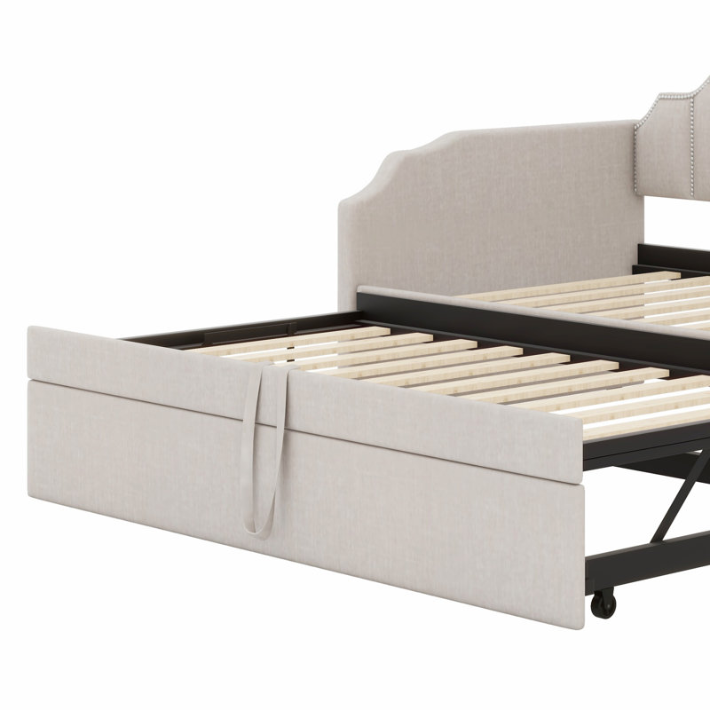 Stylish Upholstered Daybed with Pop-Up Trundle and USB Charging Function, Beige
