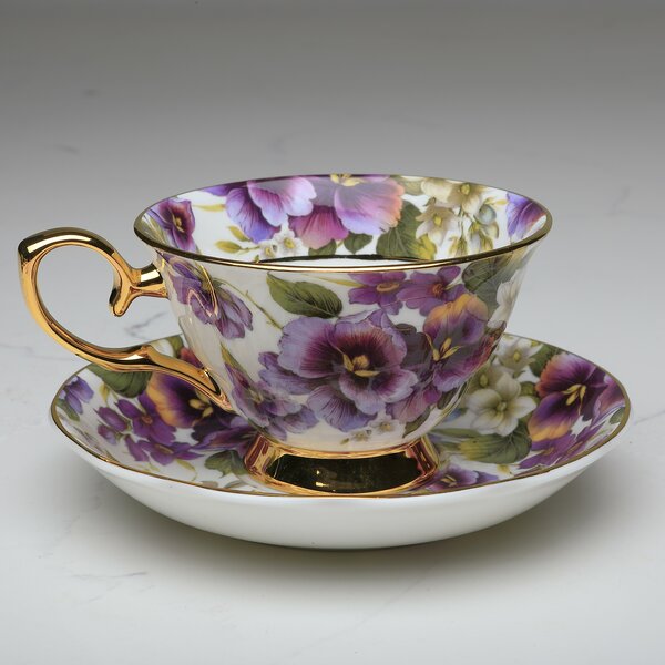 8oz. Set of 4 Coffee/Tea Cups On Metal Stand-Purple Flower