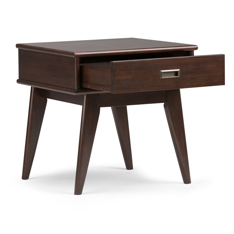 Draper 22"W Solid Wood Mid-Century Modern Rectangular End Table with Storage Drawer, Auburn Brown
