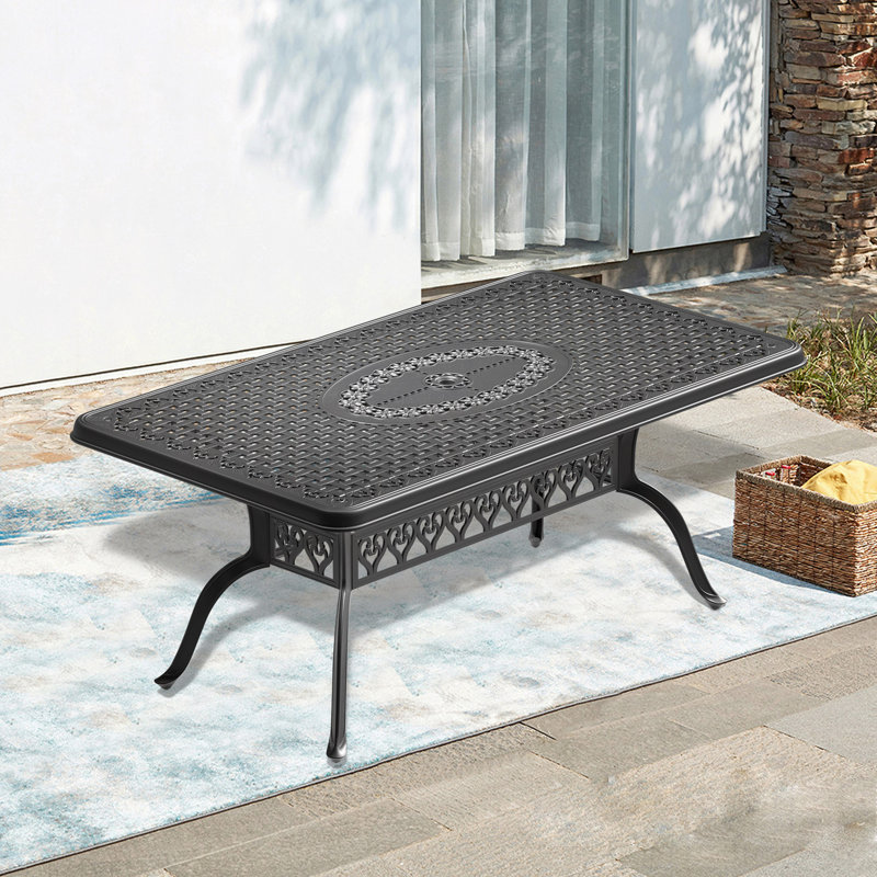 Table de salle à manger L66.93 * W37.4 "en fonte d'aluminium avec structure et trou pour parasol