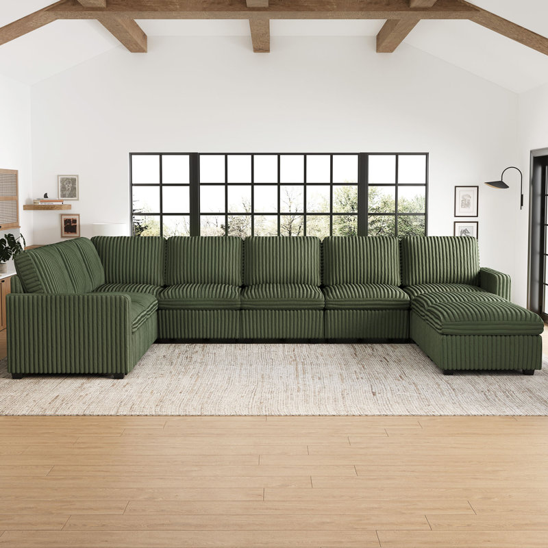 Oversized U Shaped Modular Corner Sectional Sofa With Storage Ottoman, Green Plush Corduroy