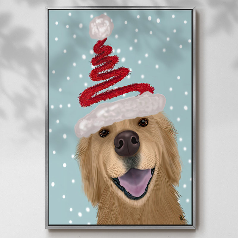 «Christmas Golden Retriever And Spring Santa Hat», reproduction d'art sur toile encadrée, Gris, H 41 po x l 27 po x P 1,5 po