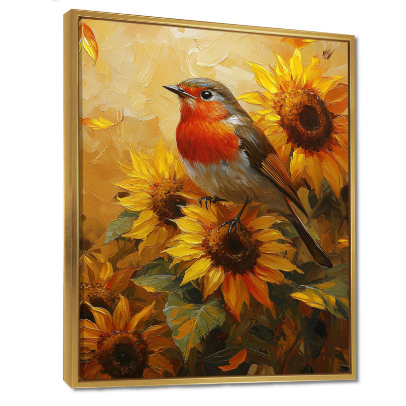 Oiseau djenabas à la ferme - tournesols II, Impression encadrée flottante, H 32 po x l 16 po, Doré