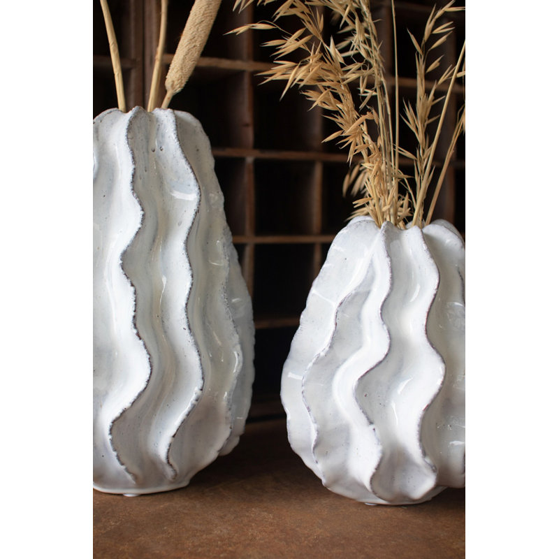 Vase en céramique à volants H 14,5 po - grand, vase décoratif blanc, Hauteur totale - 14,5 po