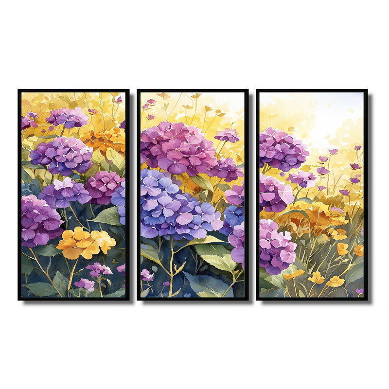 Fleurs d'hortensia d'été dans le pré II - art mural hortensia - ensemble de 3, H 28 po x l 36 po, Noir