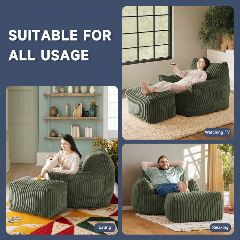 Large Corduroy Compression Bean Bag Chair with Ottoman Memory Foam Lazy Floor Sofa, Green Polyester Blend