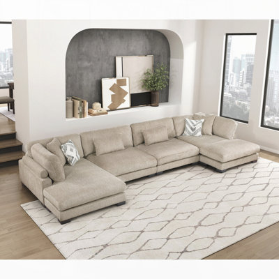 Contemporary 4-Piece Modular Sectional with Chaise Comfortable Pillows Plush Microfiber Upholstery Wood Living Room Furniture