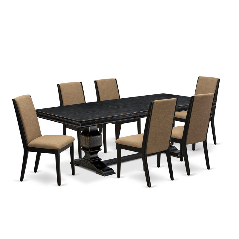 L'ensemble de cuisine 7 pièces se compose d'une table de salle à manger rectangulaire et de 6 chaises de salle à manger en tissu de lin sable clair avec des pieds noirs - finition sablée